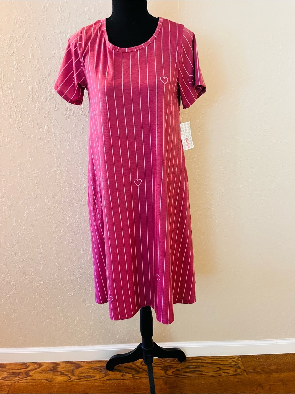 LuLaRoe Jessie Pink Striped Midi Swing Dress with Heart Accents